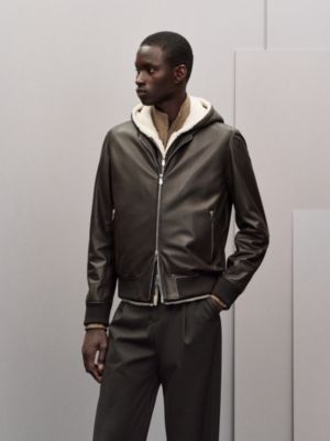 Calfskin hooded rib-trim jacket, View: Worn, worn, view 3 of 9