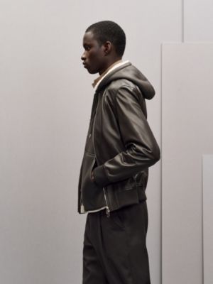 Calfskin hooded rib-trim jacket, View: Worn, worn, view 4 of 9