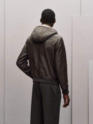 Calfskin hooded rib-trim jacket, View: Worn, worn, view 5 of 9