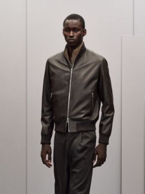 Calfskin hooded rib-trim jacket, View: Worn, worn, view 6 of 9