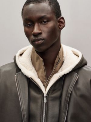 Calfskin hooded rib-trim jacket, View: Worn, worn, view 7 of 9