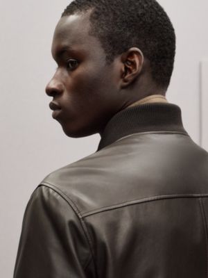 Calfskin hooded rib-trim jacket, View: Worn, worn, view 9 of 9