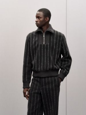 "Pinstripe" baby curly lambskin mock neck sweater, View: Worn, worn, view 3 of 7