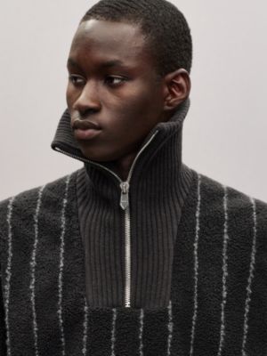 "Pinstripe" baby curly lambskin mock neck sweater, View: Worn, worn, view 5 of 7
