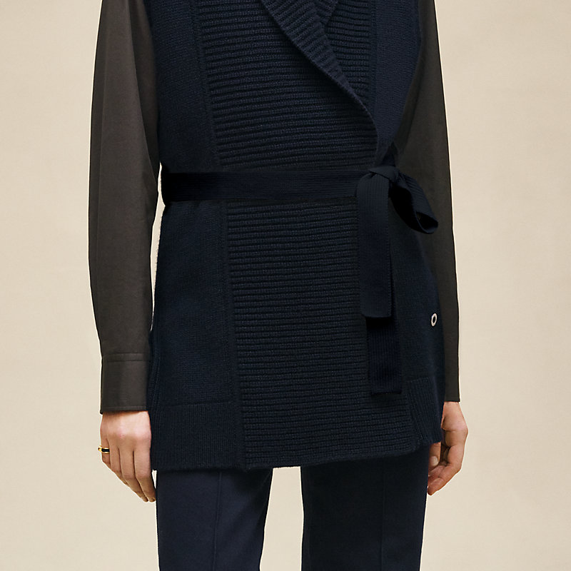 Belted cashmere sleeveless cardigan