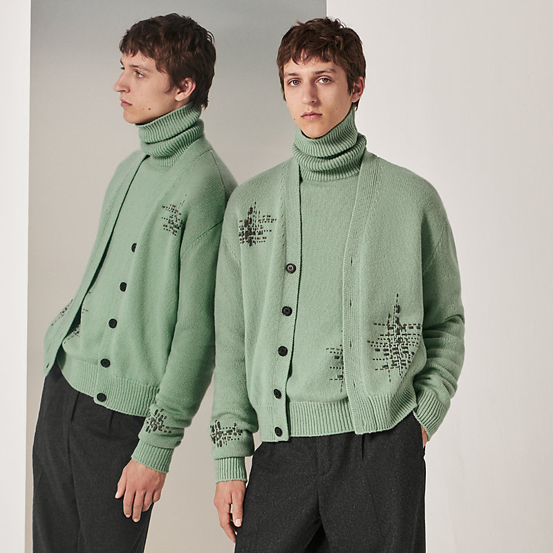 Buttoned cardigan with leather detail | Hermès Mainland China