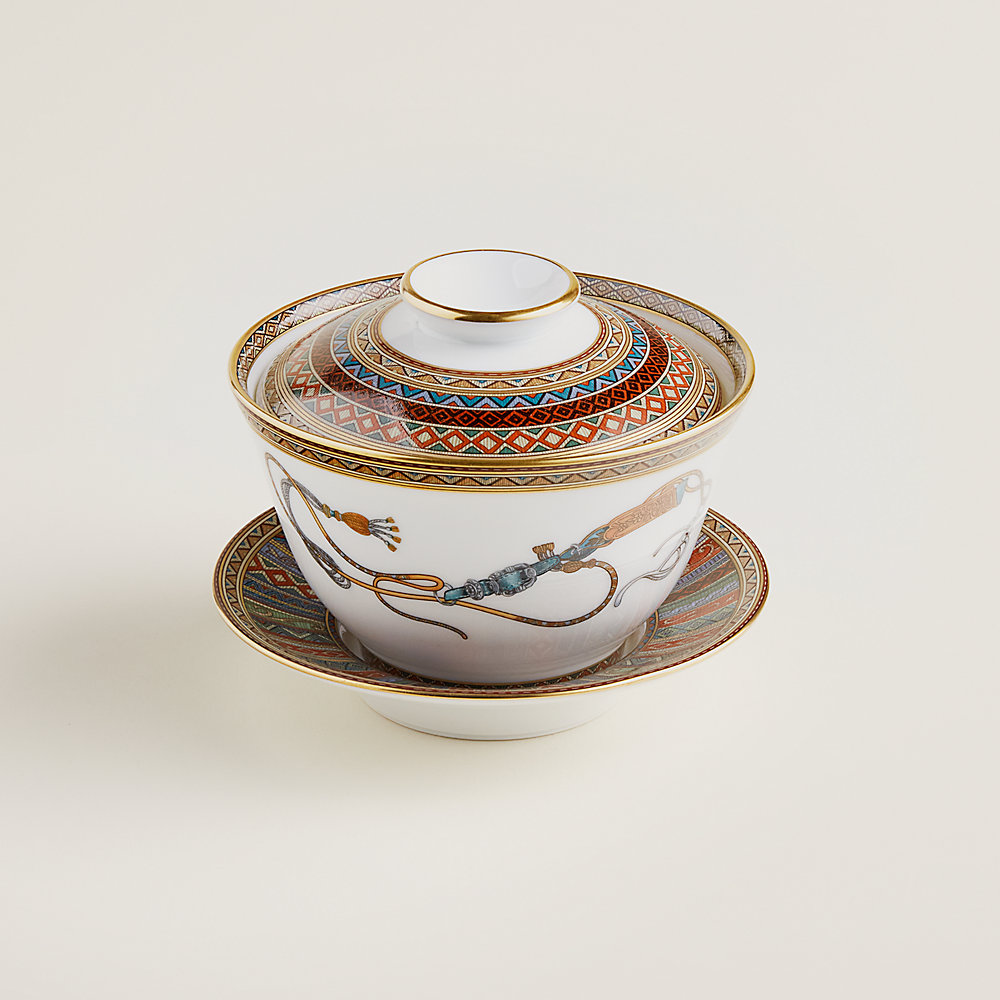Cheval d'Orient tea cup with lid and saucer, large model