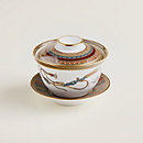 View: Worn, Cheval d’Orient tea cup with lid and saucer, large model