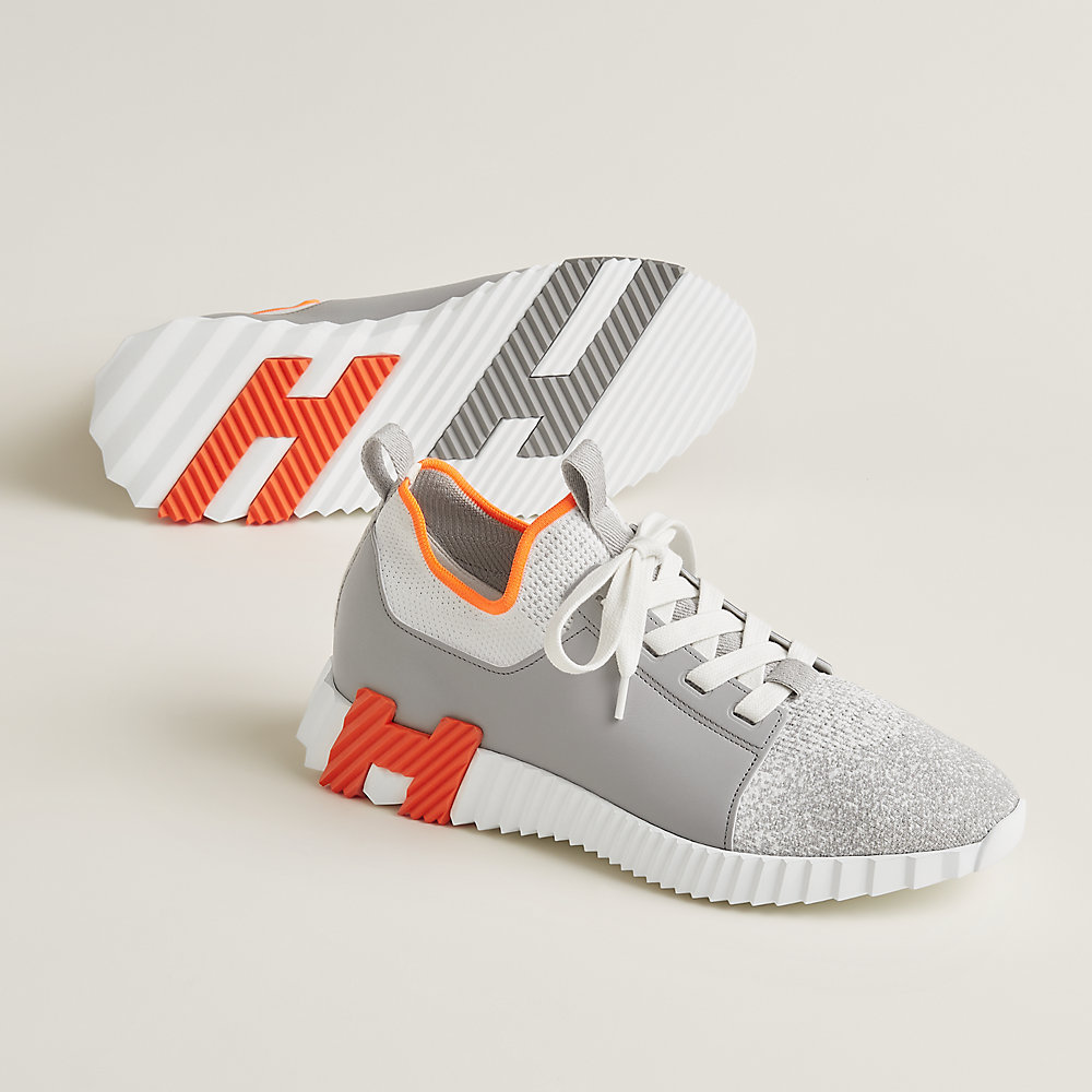 Grey, orange and white run sneakers in rubber calfskin, technical