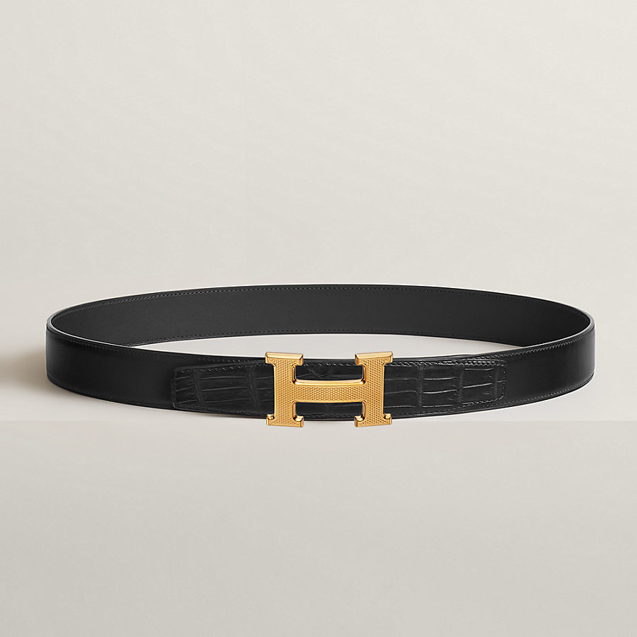 H Guillochee belt buckle & Leather strap 32 mm