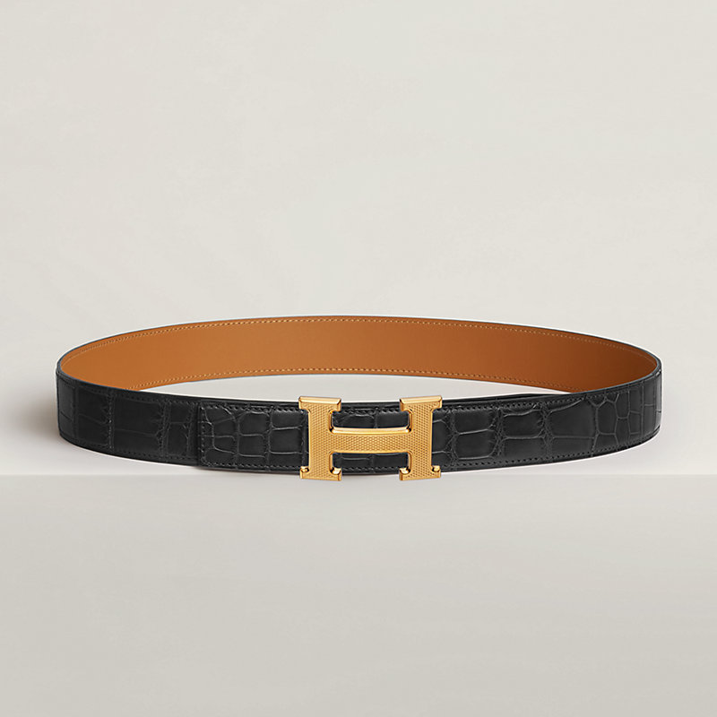 H Guillochee belt buckle & Leather strap 32 mm