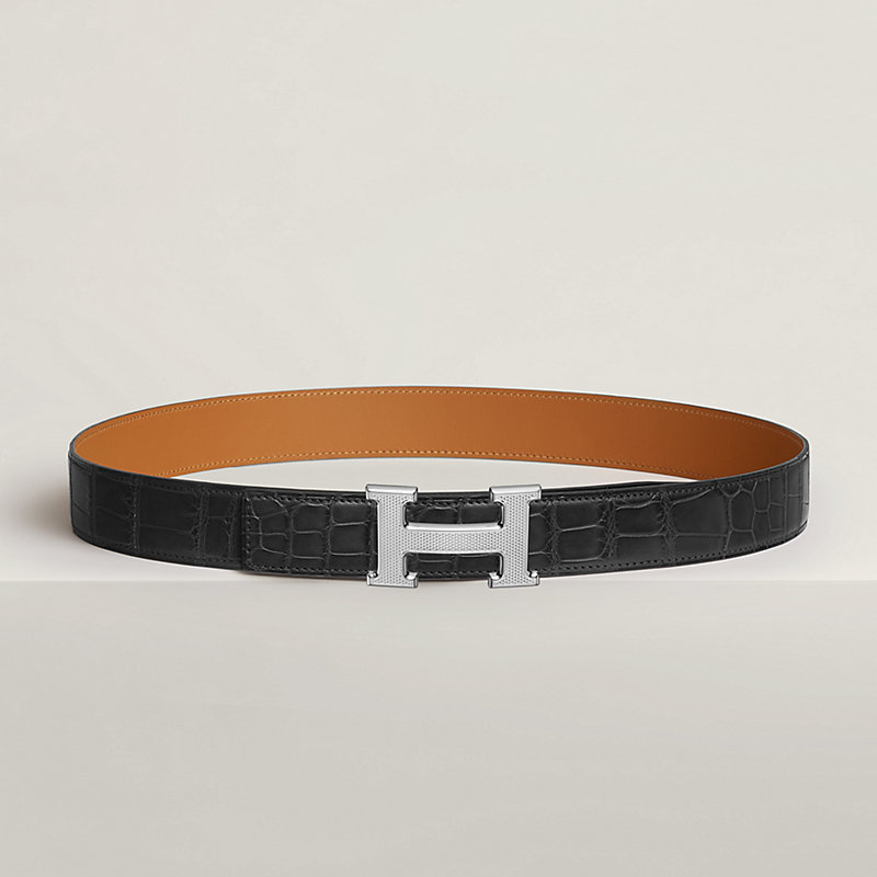 H Guillochee belt buckle & Leather strap 32 mm