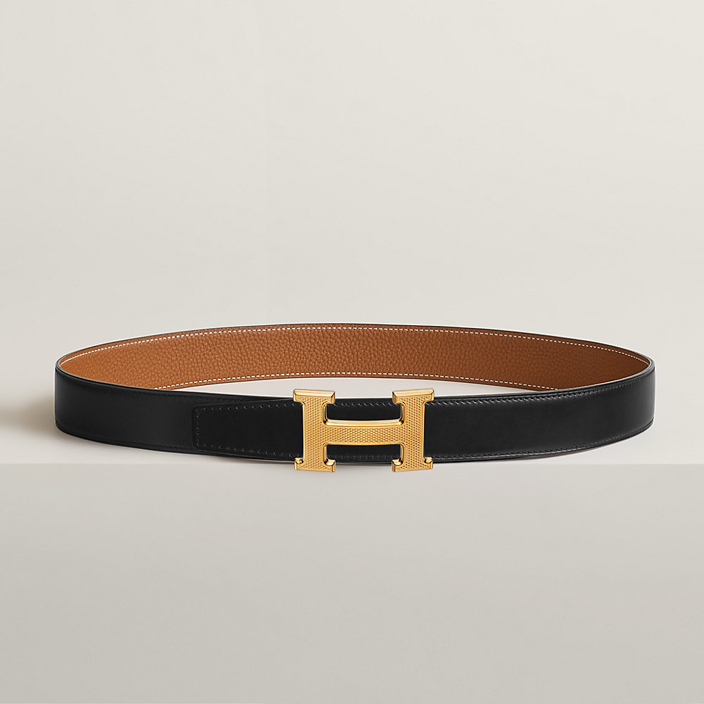 H Guillochee belt buckle & Reversible leather strap 32 mm
