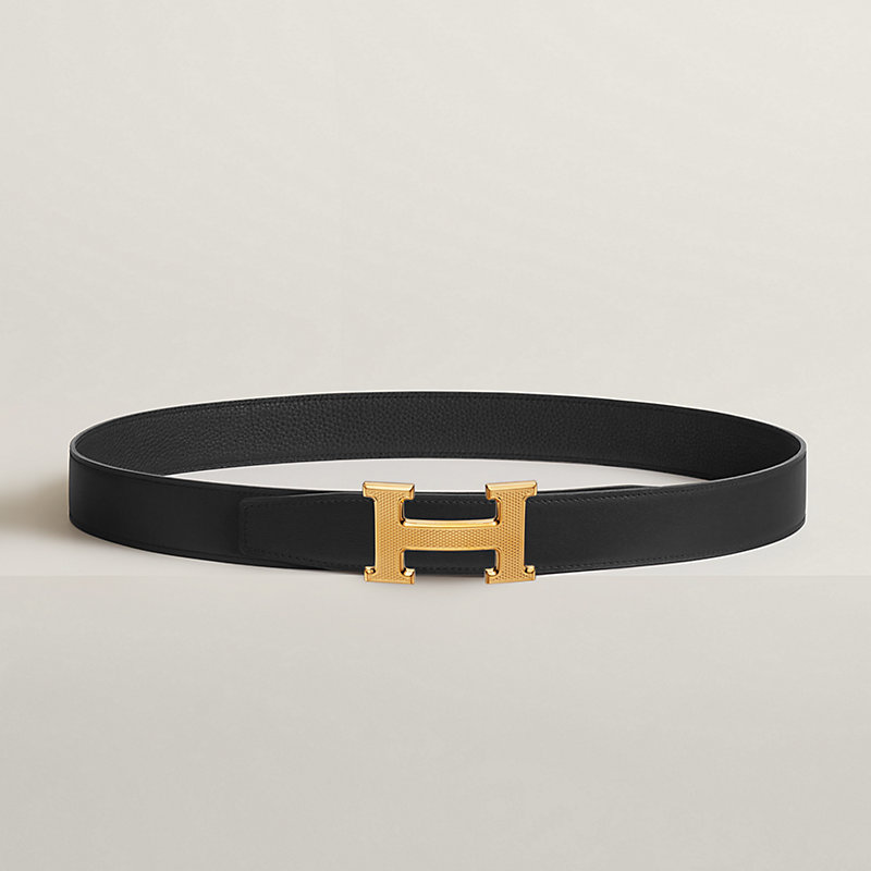 H Guillochee belt buckle & Reversible leather strap 32 mm