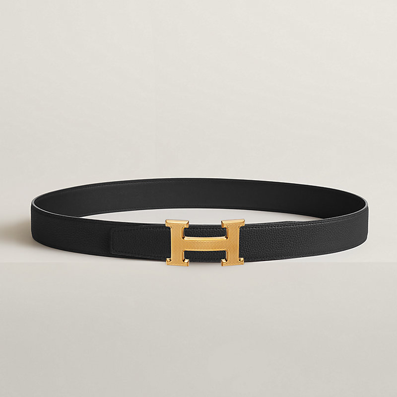 H Guillochee belt buckle & Reversible leather strap 32 mm
