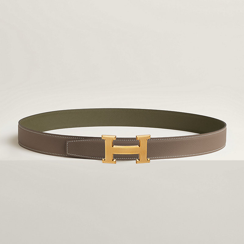 H Guillochee belt buckle & Reversible leather strap 32 mm