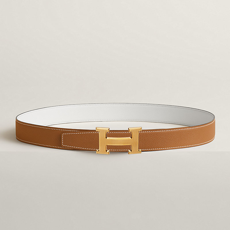 H Guillochee belt buckle & Reversible leather strap 32 mm
