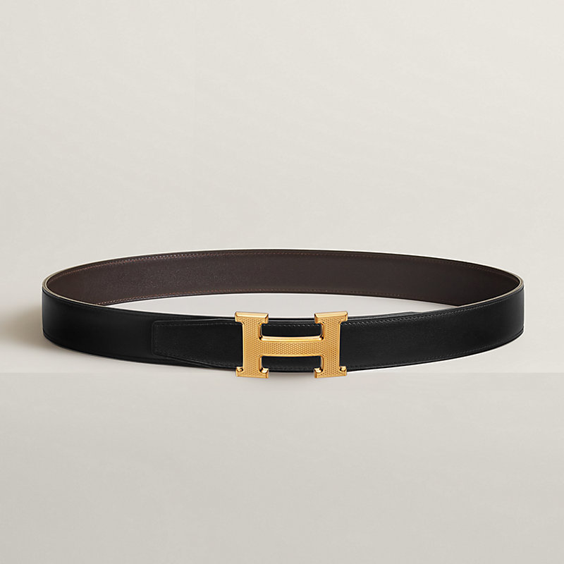 H Guillochee belt buckle & Reversible leather strap 32 mm