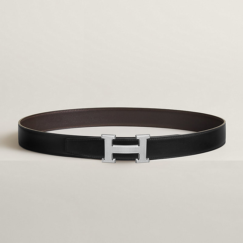 H Guillochee belt buckle & Reversible leather strap 32 mm