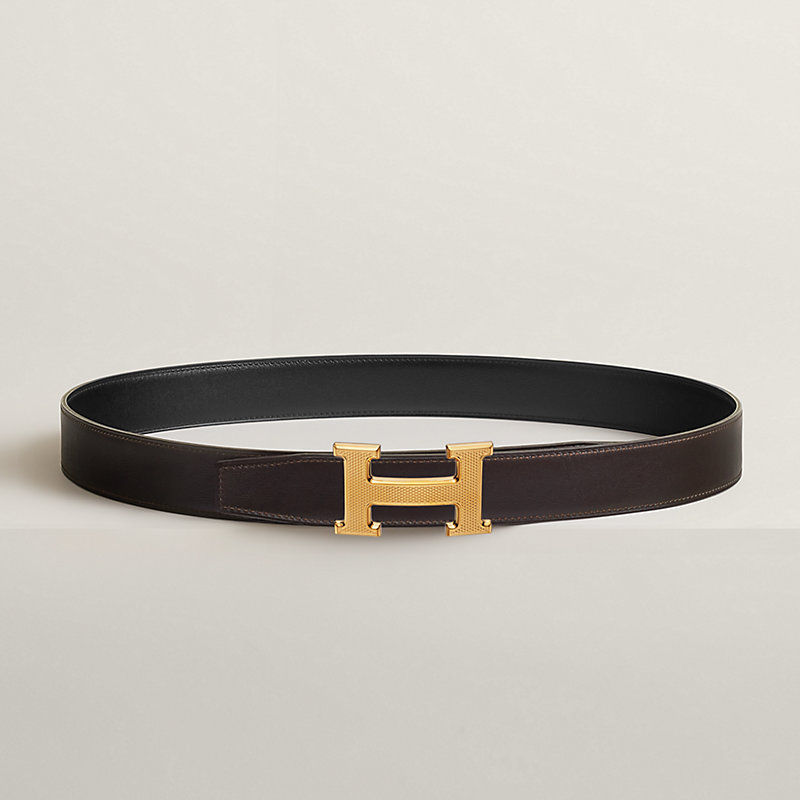 H Guillochee belt buckle & Reversible leather strap 32 mm