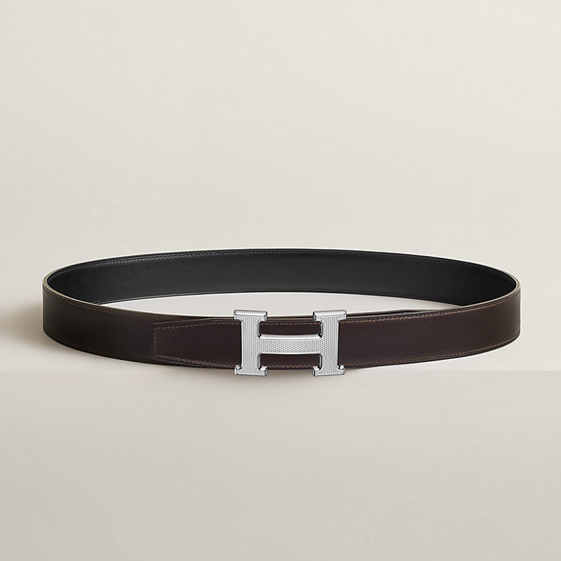 H Guillochee belt buckle & Reversible leather strap 32 mm