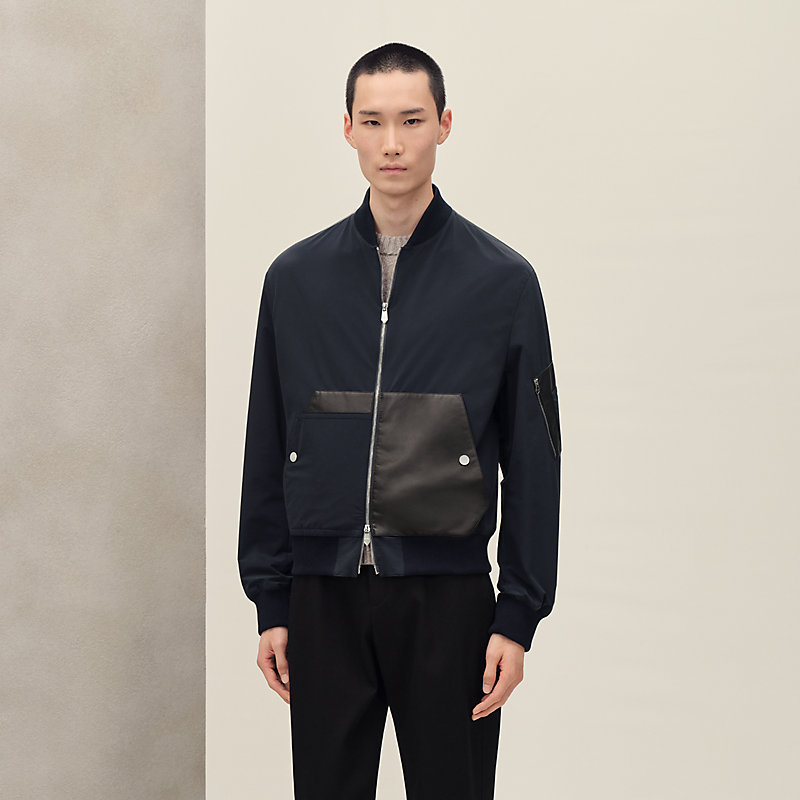 Rib-trim jacket with leather detail