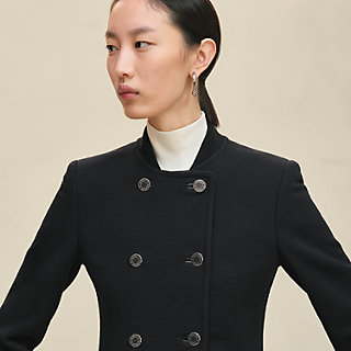Short pea coat with leather details - Black | Hermès Mainland China
