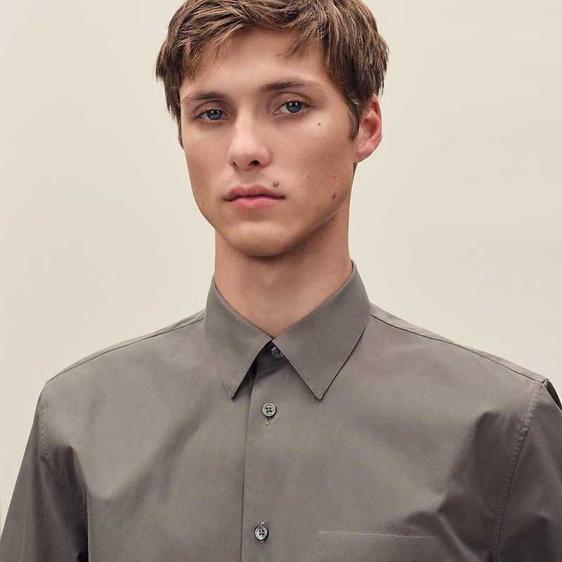 Short-sleeve straight cut shirt with leather detail