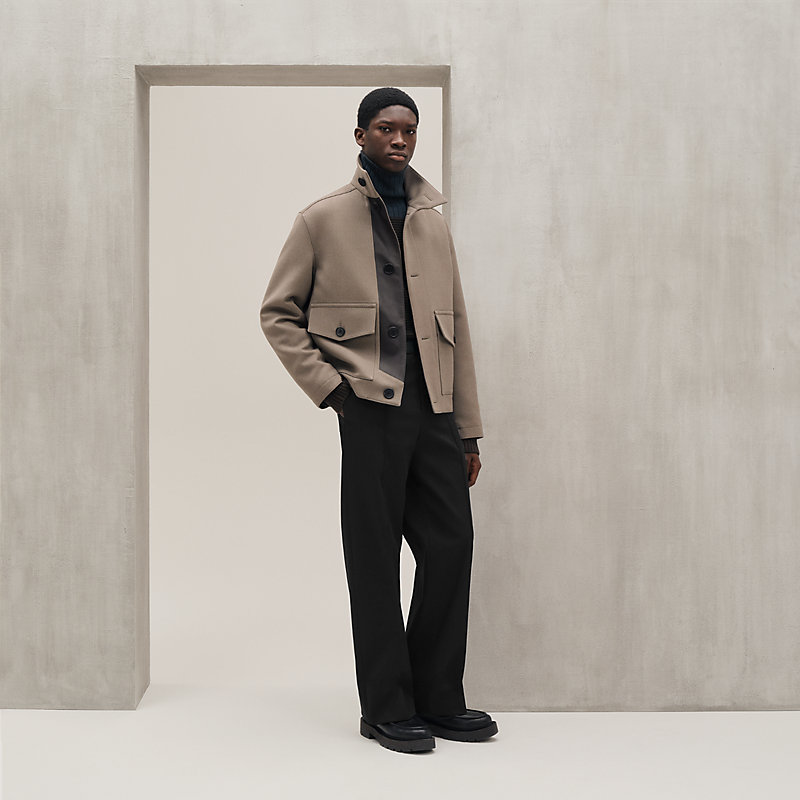 Straight cut jacket with leather detail