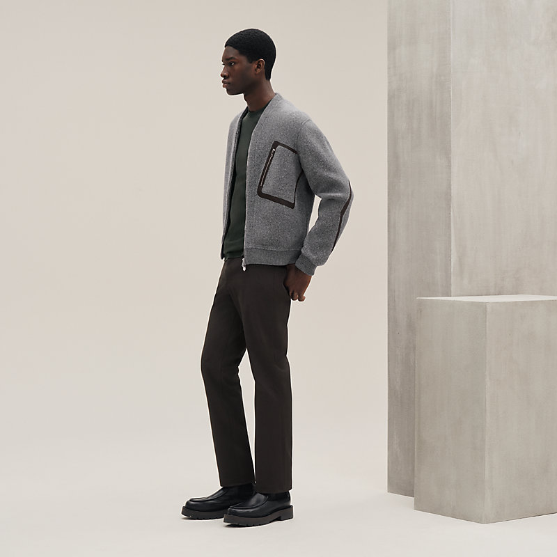 Zipped varsity cardigan with leather detail - Green - XXS | Hermès