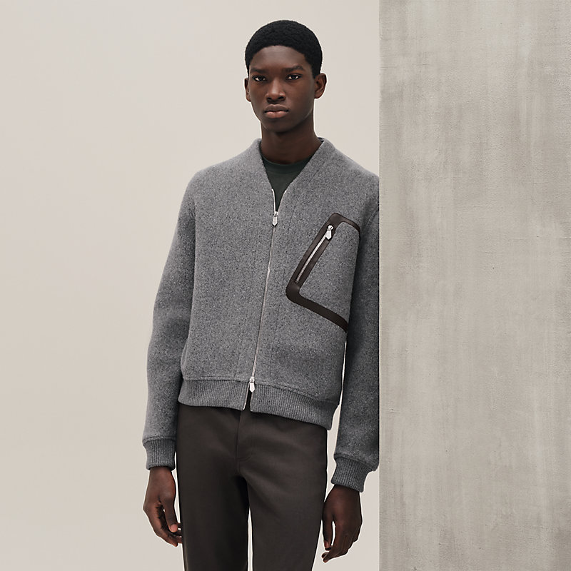 Zipped varsity cardigan with leather detail - Green - XXS | Hermès