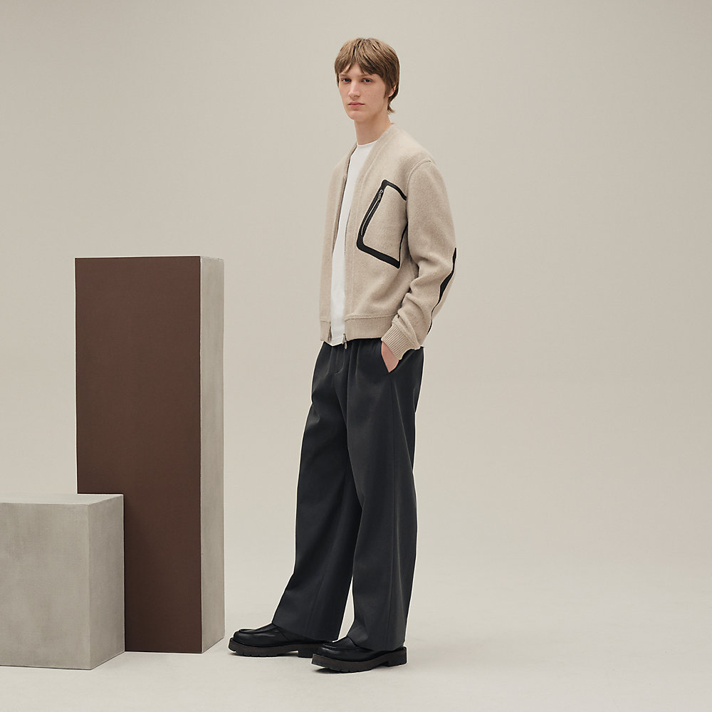 Zipped varsity cardigan with leather detail - Beige - XXS